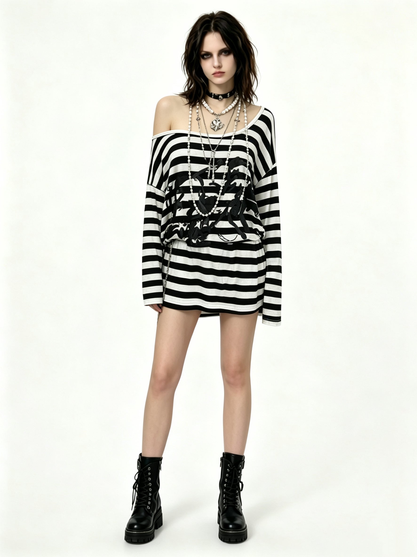 Slouchy Off-Shoulder Striped Top with Grunge Print