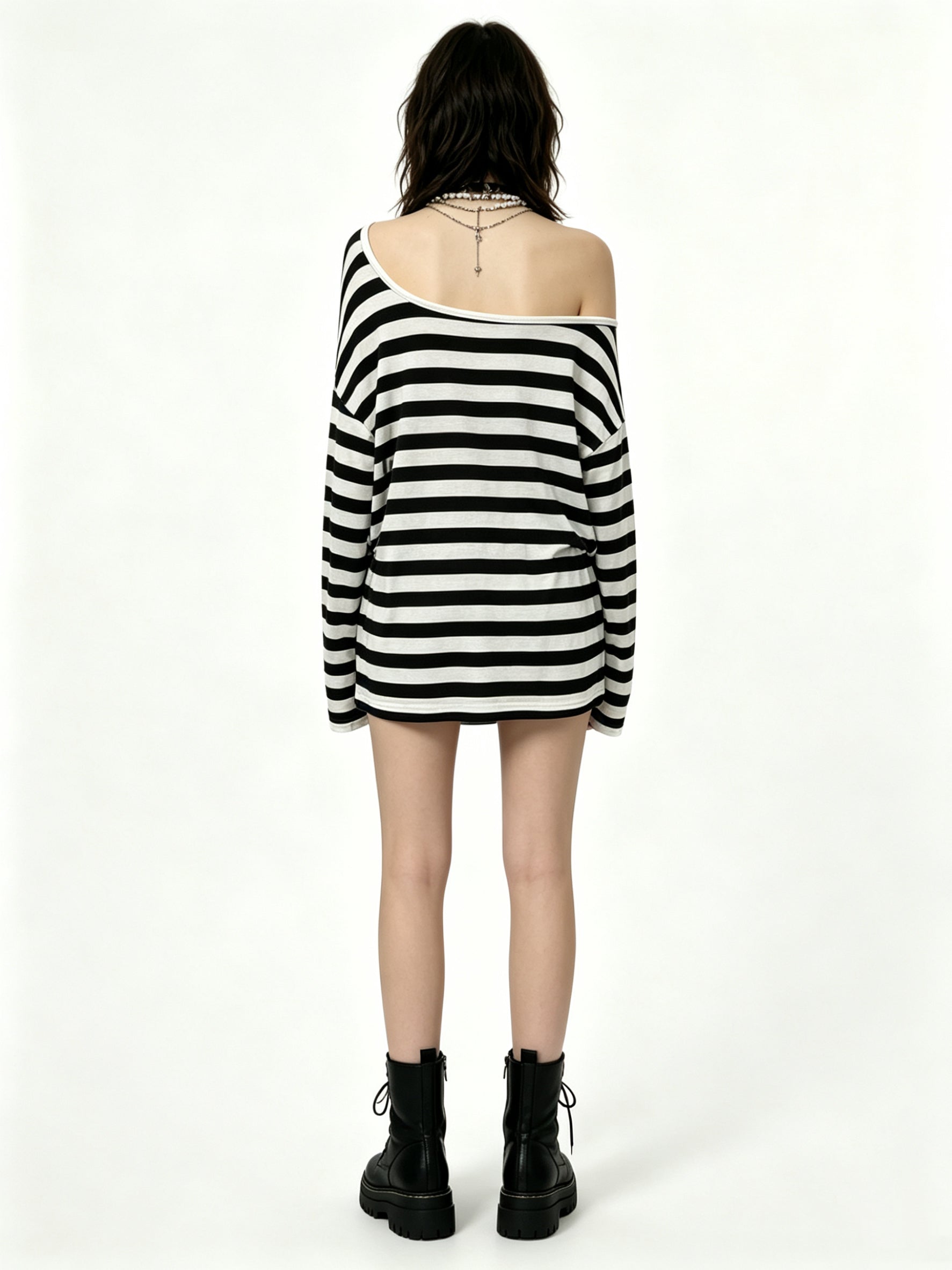 Slouchy Off-Shoulder Striped Top with Grunge Print