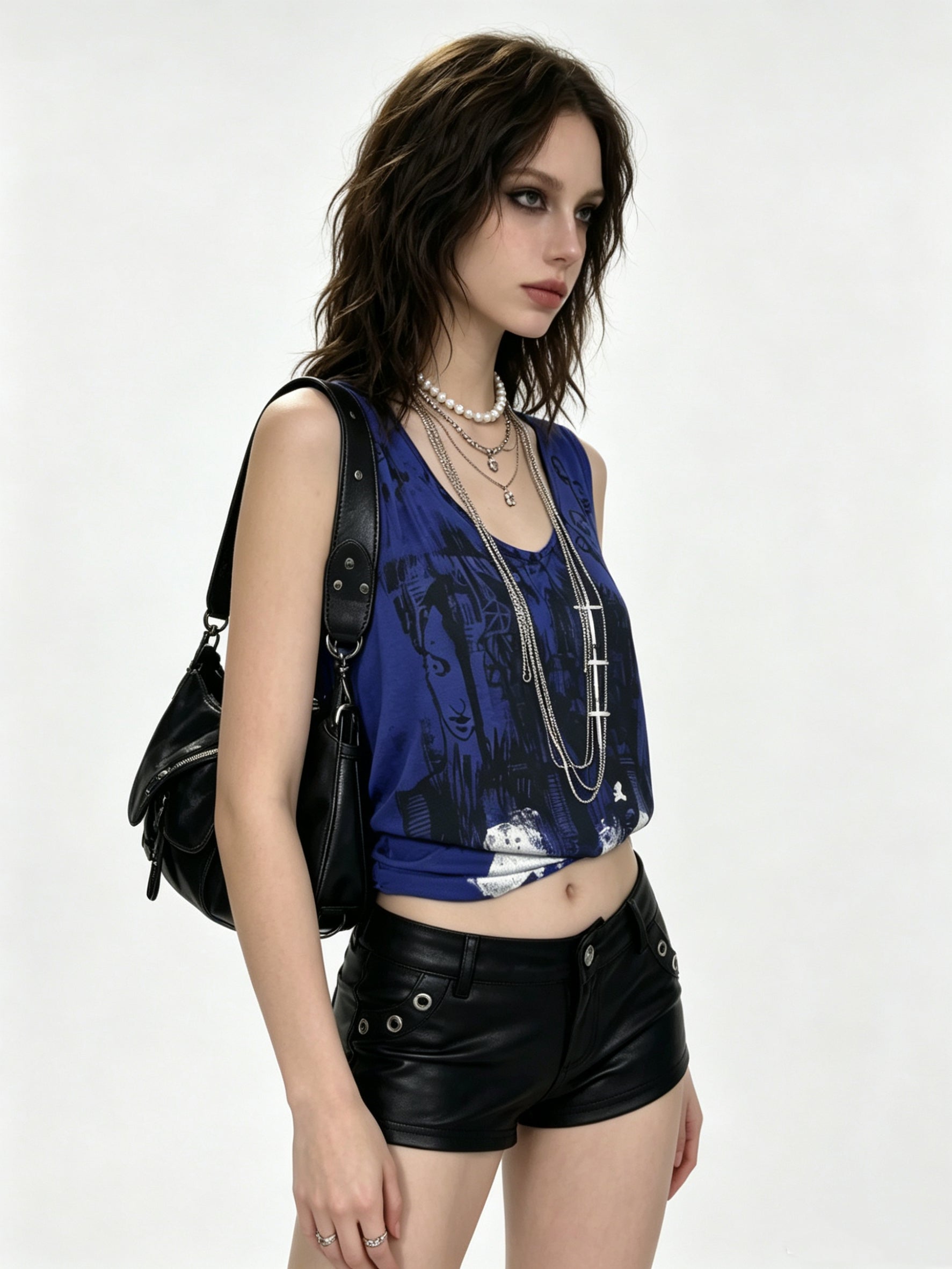 Blue Grunge Print Sleeveless Tank Top