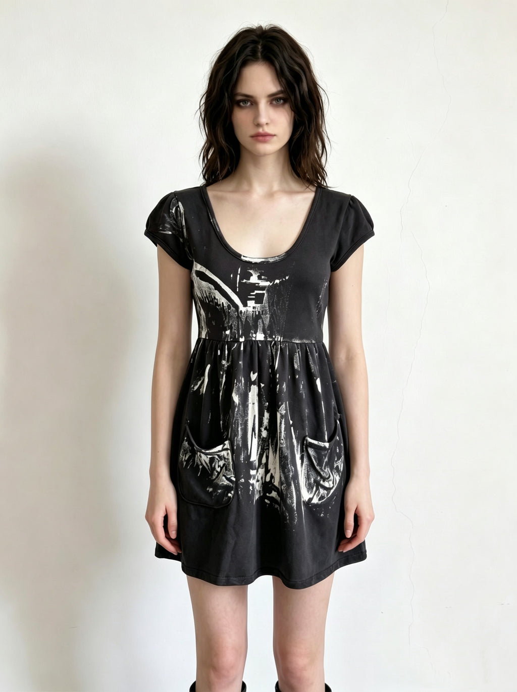 Black Abstract Grunge Print Mini T-Shirt Dress